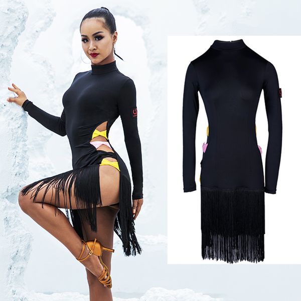 

latin dance dress competitive clothing practice clothes female professional dance wear performance knot tassel dress bi111, Black;red
