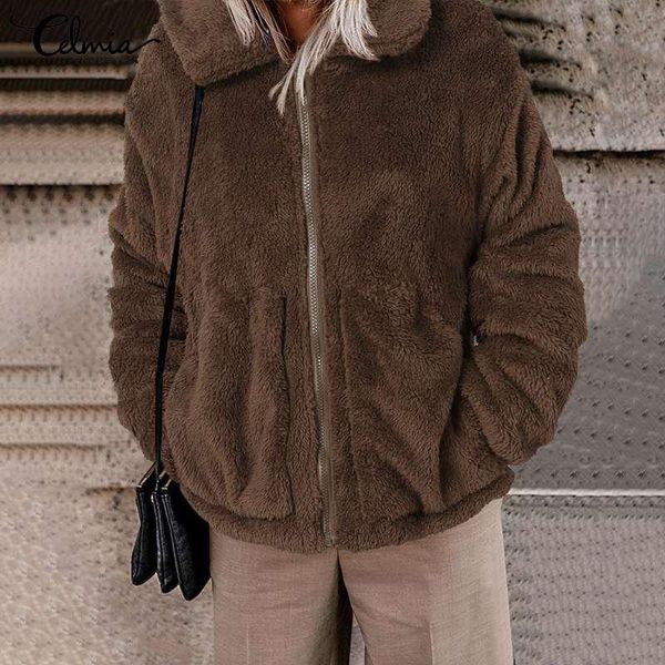 

celmia oversize long sleeve overcoats women 2020 winter warm plush coats loose casual faux fur zipper jackets lapel solid coat 7, Black