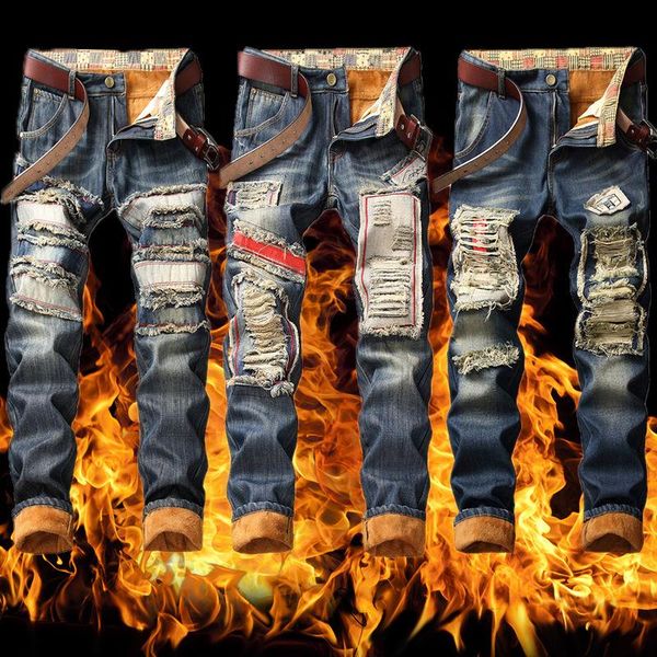 

new fashion ripped patch plus velvet jeans men's winter warmth and thickening trend retro beggar youth straight pants clothes, Blue