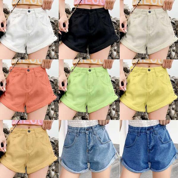 

new denim shorts for women 2020 summer shorts vintage washed rolled denim cute rainbow loose high waist pants1, Blue