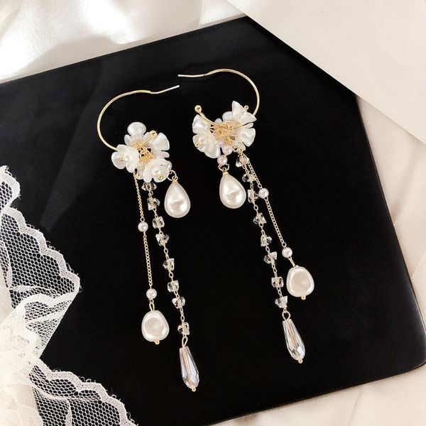 

dominated 2020 fashion style shell flower pearl women drop earrings contracted crystal long tassel earrings1, Silver