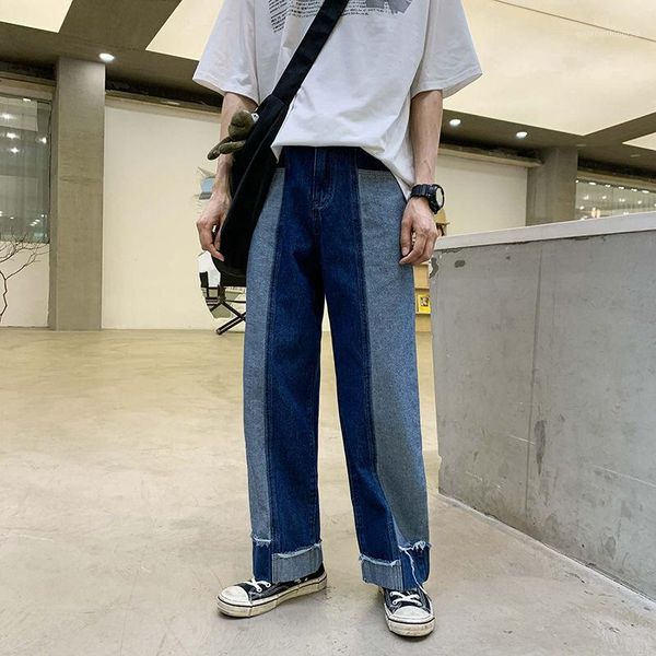

men's jeans 2021 spring and summer youth men's loose contrast color stitching fashion casual high waist straight pants1, Blue
