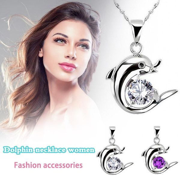 

pendant necklaces necklace women girls s925 zircon dolphin chain jewelry accessories a66, Silver
