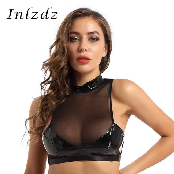 

bras womens lingerie bra for high neck sheer mesh and patent leather patchwork back zip up unlined wireless erotic, Red;black