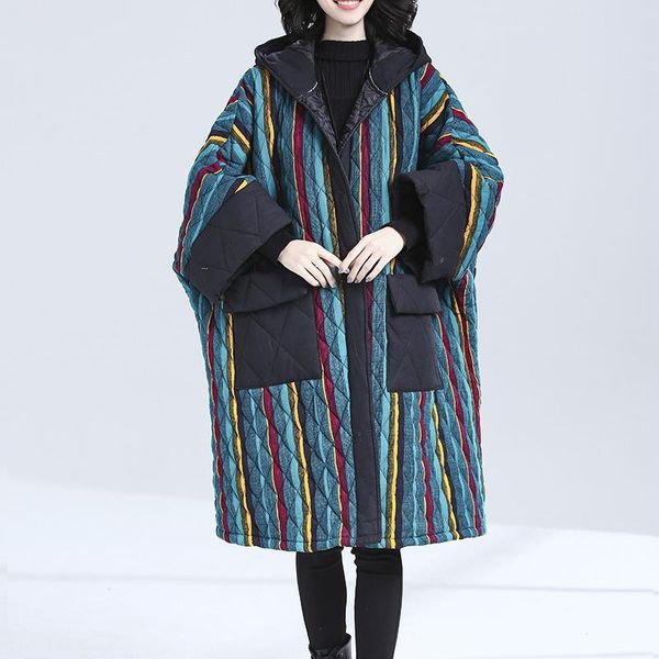 

women's down & parkas johnature women bat sleeve hooded striped vintage plus size coat button 2021 winter warm pockets female casual, Black