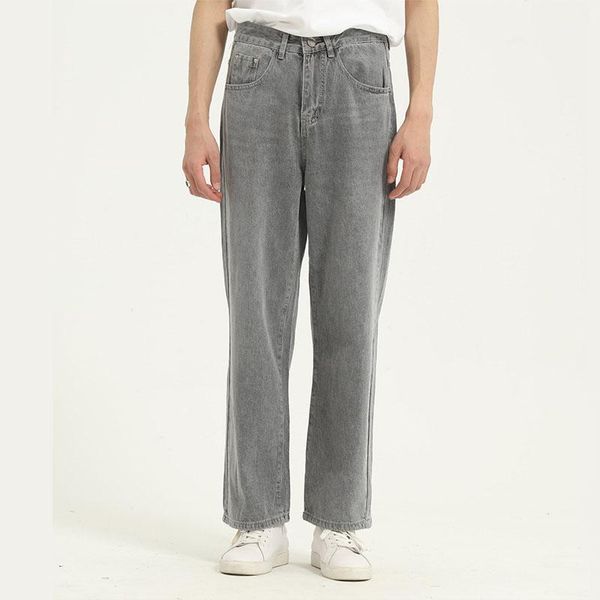 

men vintage casual thin gray jeans male streetwear fashion wide leg denim pant trousers ankle-length pants straight zipper1, Blue