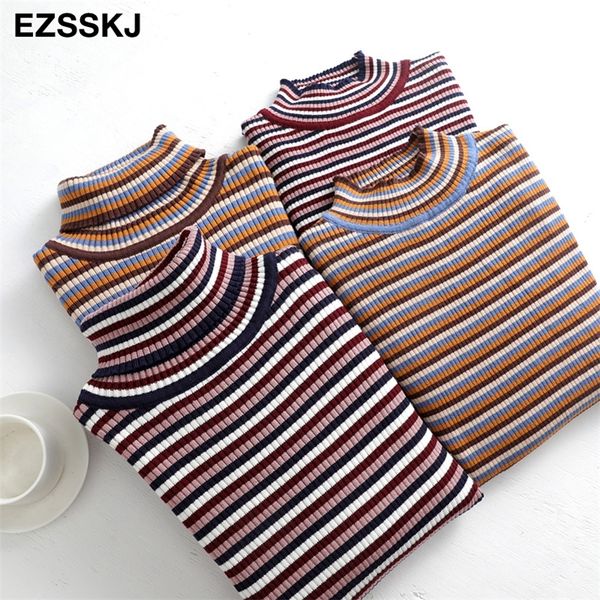 

autumn winter stripe long sleeve sweater pullovers women highneck female basic slim sweater vest knit jumpers 201130, White;black