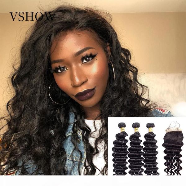 

vshow hair loose deep wave bundles with closure 3 bundles with closure 100% brazilian remy human hair bundles with closure, Black