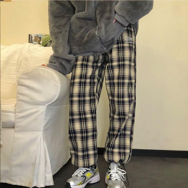 

streetwear woman autumn ladies causal plus size loose drop vintage wide legs trousers jogger mall harajuku plaid pants women's & capris, Black;white