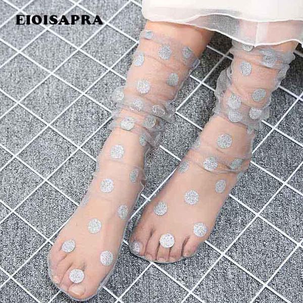 

socks & hosiery [eioisapra]shining dot heap lace transparent glass silk creative harajuku yet yarn women thin calcetines, Black;white