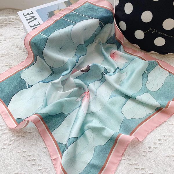 

fashion floral print hair scarf for women small handkerchief silk neck scarfs female 53*53cm cute headband bag scarves for lady, Blue;gray