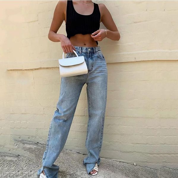 

2021 washed denim pants jeans women boyfriend jeans casual pants split long bottom black, Blue