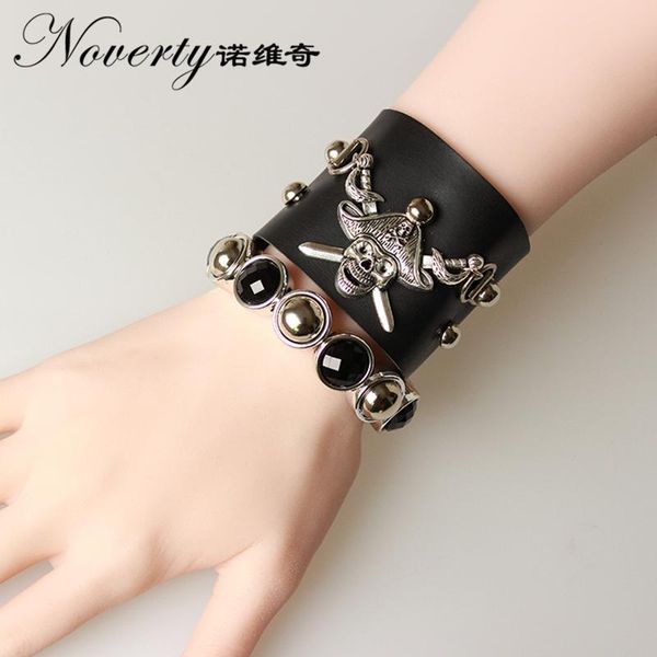 

retro punk rock pirate skull black leather bracelet women men couple fashion jewelry gifts date fysl043