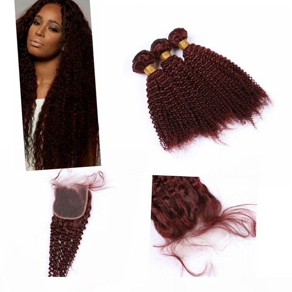 

indian #99j red wine bundles with closure 4" * 4" short curly bundles with closure kinky curly, Black;brown