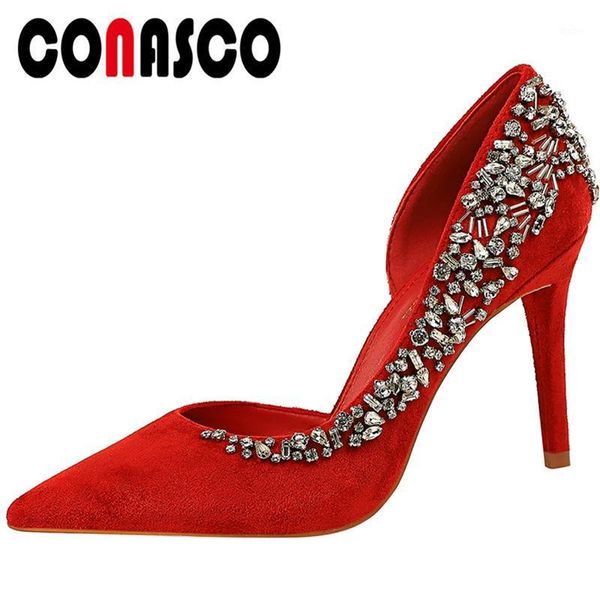 

conasco new fashion woman pumps night club wedding party shoes rhinestone metal thin heels pointed toe shallow shoes woman1, Black