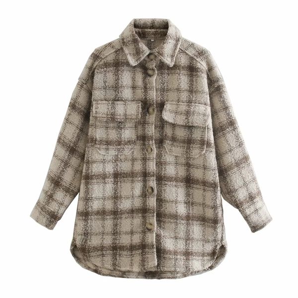 

2021 new soft vintage women tweed fall ladies plaid shirts oversize streetwear winter loose girls outwear chic wdq0, White