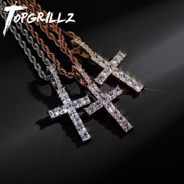 

rillz iced zircon baguette cross with 4mm tennis chain men's hip hop jewelry gold silver color cz pendant necklace q1113