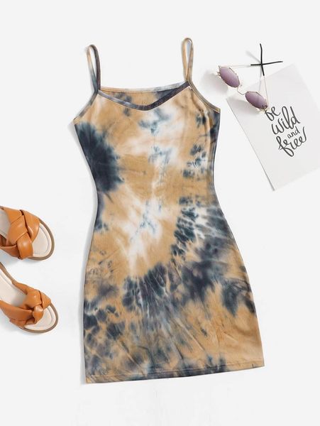 

girls tie dye spaghetti neck dress she, Red;yellow