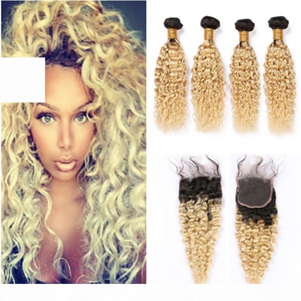 

#1b 613 ombre virgin hair closure with 4bundles blonde ombre weaves peruvian wet and wavy human hair bundles with lace closure water wave, Black;brown