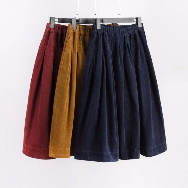

autumn winter corduroy pleated skirts women mori girl solid color korean knee-length skirt female fashion all match slim saias, Black
