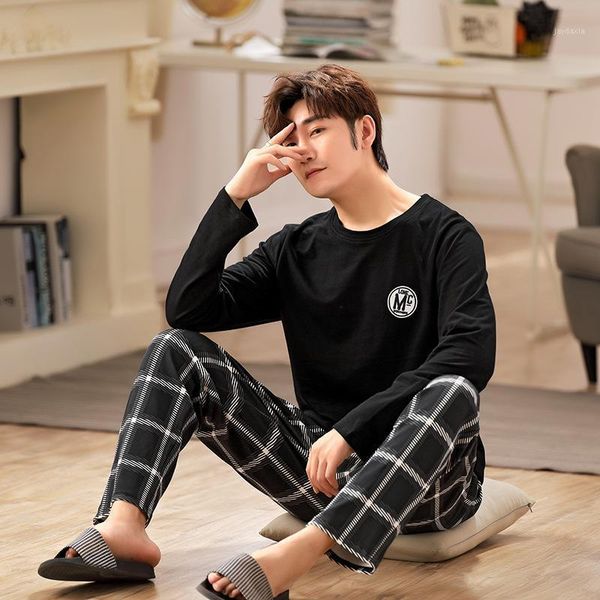 

spring autumn men pajamas set cotton print sleepwear night suit casual long sleeve plaid pants pyjamas plus size homewear 4xl1, Black;brown