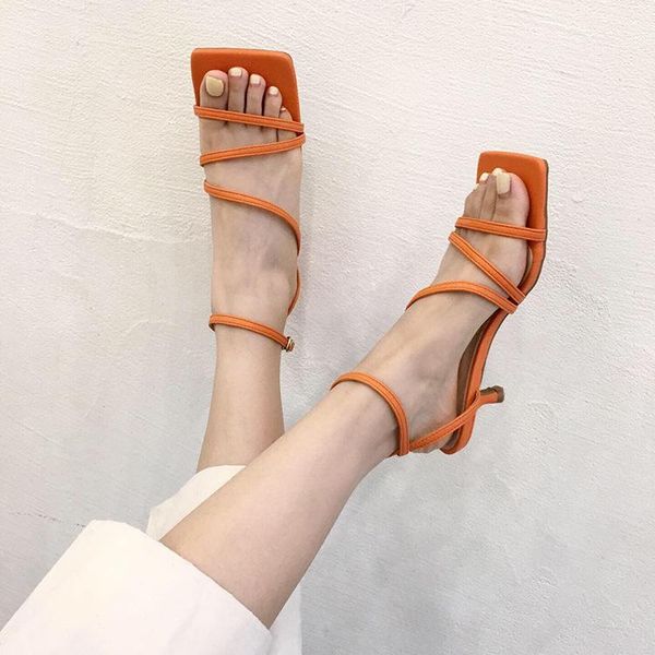 

mid-calf strap square toe low sandals woman leather shoes lady 2021 strappy heels med suit female beige low-heeled new summer g, Black
