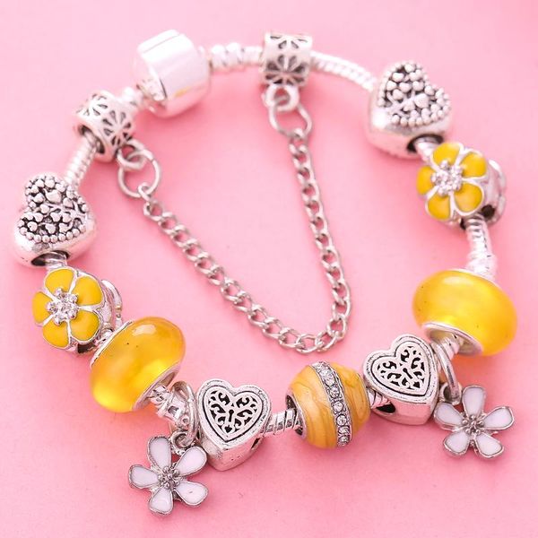 

togory yellow murano crystal beads charm bracelets for women with snake chain plant flower fine bracelet bangles jewelry gift, Golden;silver