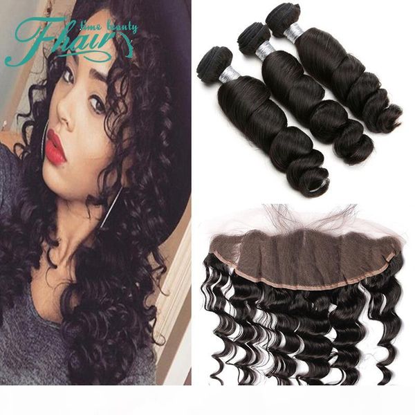 

ear to ear lace frontal closure with bundles 4pcs lot mongolian loose wave curly 13x4 full lace frontal with 3pcs human hair weaves, Black