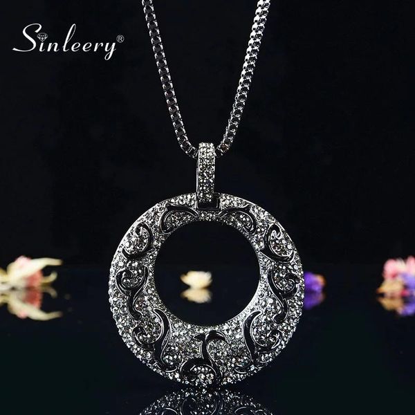 

sinleery vintage big hollow pattern round pendant necklace black color long chain for women statement necklace jewelry my097 ssi, Silver