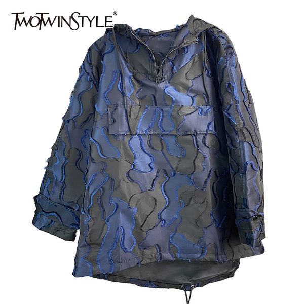 

twotwinstyle camouflage embroidered sweatshirt for women v neck long sleeve with hood oversized casual loose sweatshirts female 201102, Black