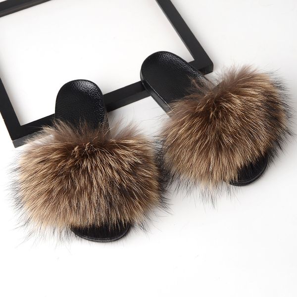 

fur slippers fox fur female summer outer wear korean version of the fashion flat wild red sandals women shoes fluffy sandals y200706, Black
