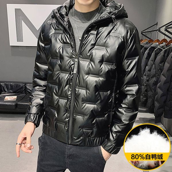 

jacket short autumn and white duck down leather hooded bright face handsome warm men's winter coat, Black