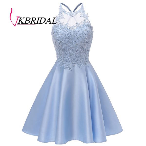 

a-line satin short prom graduation party gowns with pockets mini length cross back crystal lace homecoming dresses 2019, Blue;pink