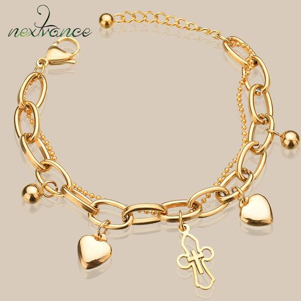 

charm bracelets nextvance stainless steel cross heart bracelet gold beads chain wristband for girls bridal multilayer jewelry, Golden;silver