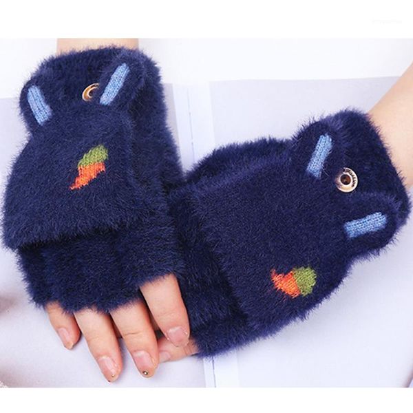 

gloves female autumn and winter korean version thick warmth flip half-finger ears radish pattern student plus velvet1, Blue;gray