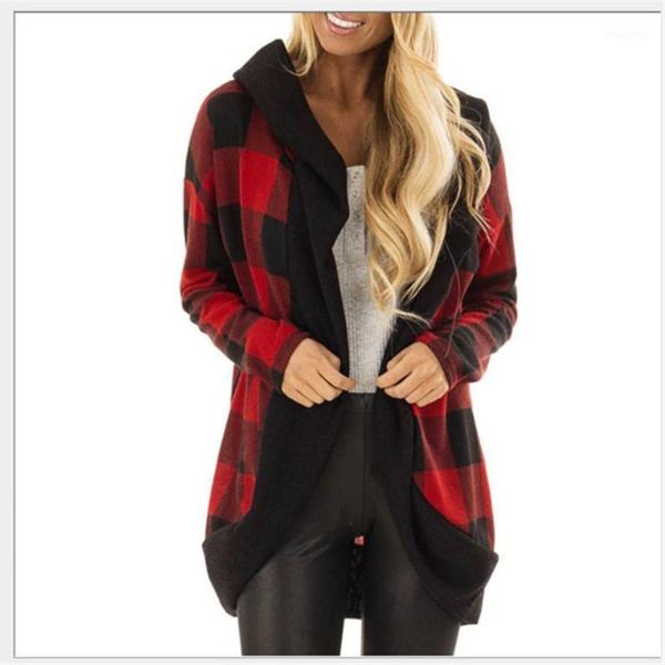 

women plaid cardigan coat casual long sleeve color block open sitch coat autumn and winter outer wear hooded1, Black;brown