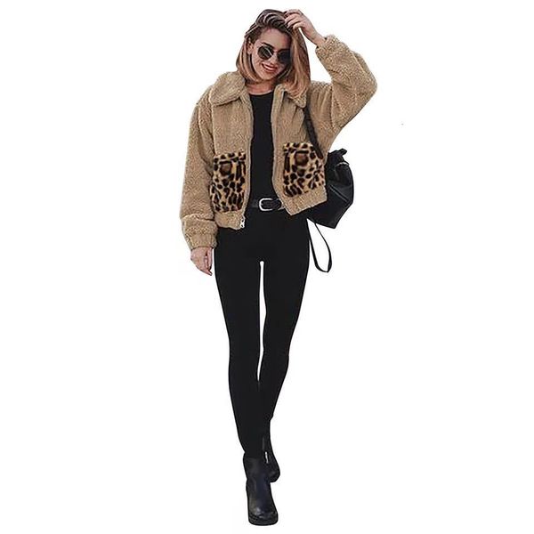 

autumn and winter new fashion solid color leopard pocket warm zipper plush thick coat for women