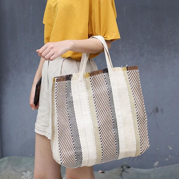 

women casual handbags handmade woven tote bag female vintage stripe shoulder bag retro large capacity shopping