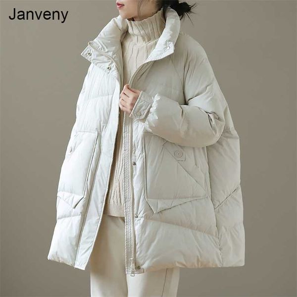 

janveny winter autumn puffer jacket women 90% white duck down coat female middle long loose bread coats feather parkas outwear 211221, Black