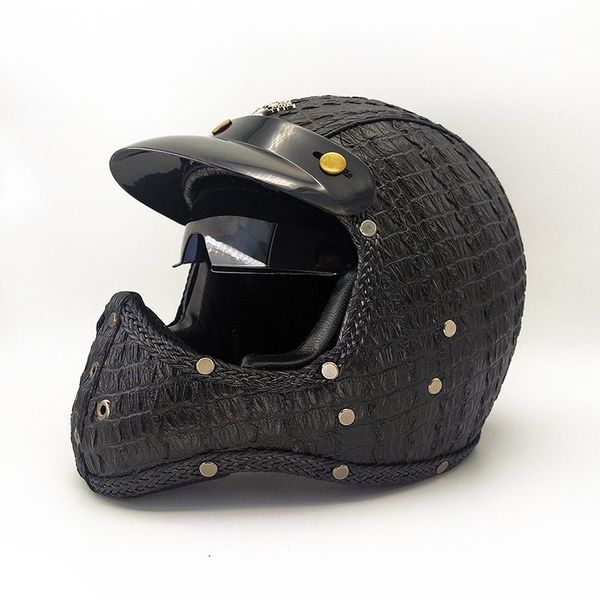 

pu leather full face helmet retro vintage motorcycle helmet with inner lens black