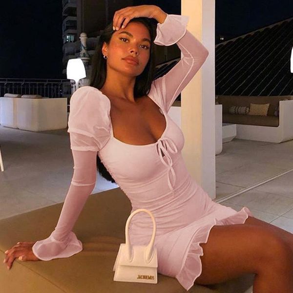 

casual dresses ocstrade mesh bandage dress 2021 autumn women long sleeve light pink bodycon club night party, Black;gray