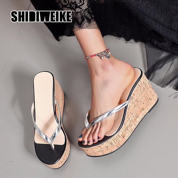 

slippers 2021 women fashion summer high heel beach flip flops slipper wedge platform shoes sandals va520, Black