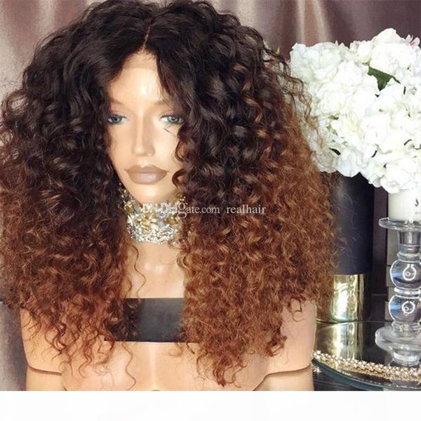 

1b 27 ombre human hair wig with baby hair pre plucked brazilian virgin full lace wigs for black women curly lace front wig, Black;brown
