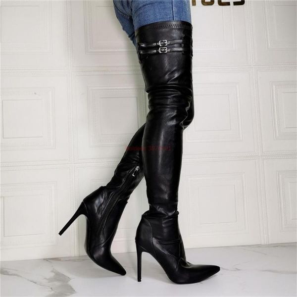 

boots plus size 33-43 thigh high women patent leather stretch shoes casual zipper winter warm black slim long