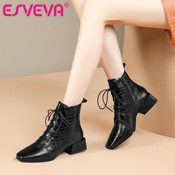 

boots esveva 2021 western style cow leather zipper ankle winter women shoes low heel lace up retro size 34-42, Black