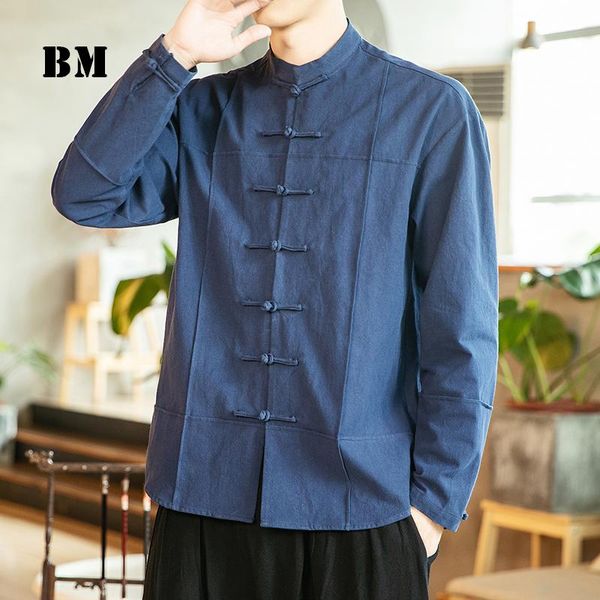 

men's casual shirts 2021 chinese style cotton linen stand collar long sleeve shirt men clothing spring retro tang suit white hanfu male, White;black