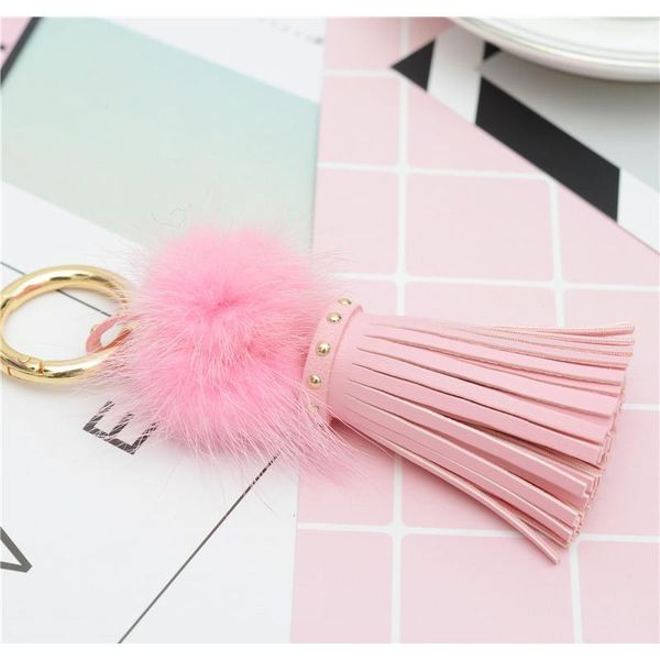

leather tassels with mink fur ball key chain with one tassels for car keychain bag key ring jewelry eh812 f sqcemo, Slivery;golden