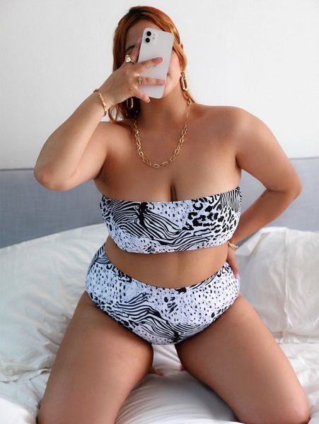 

plus animal print bandeau bikini swimsuit y0tm#, Black