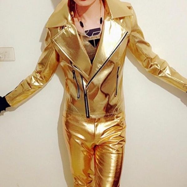 

men's fur & faux brand mens punk rock singer jackets pu leather motorcycle male cosplay jacket gold silver color 3xl, Black