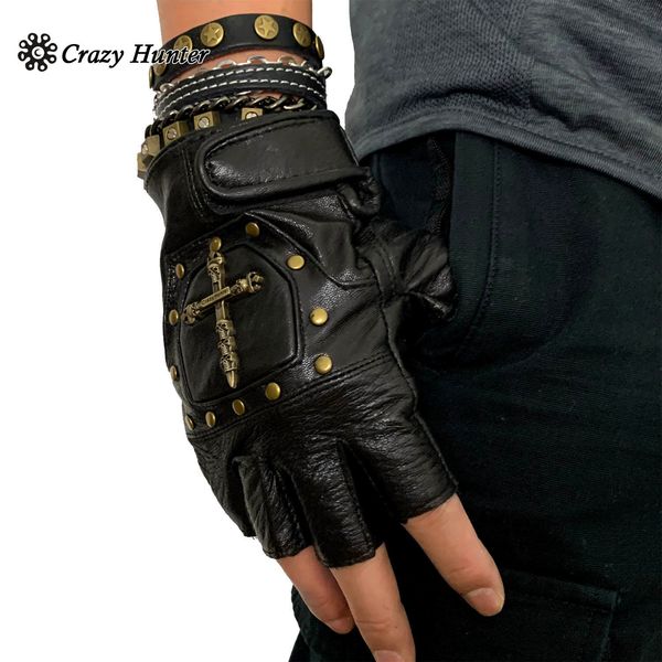 

1 pair half finger real leather studded men punk biker motorcycle gloves, Blue;gray